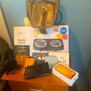 Purses, bags, wallets, hot plates, fan